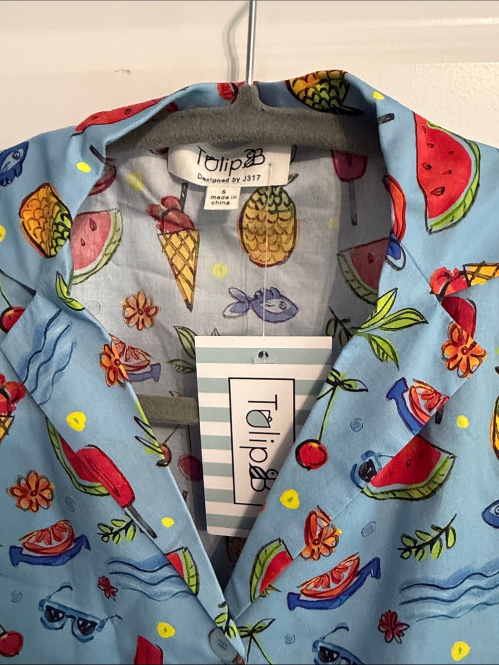 Tropical Fruit Tie-Front Crop Shirt - Light Blue - Picture 3 of 6